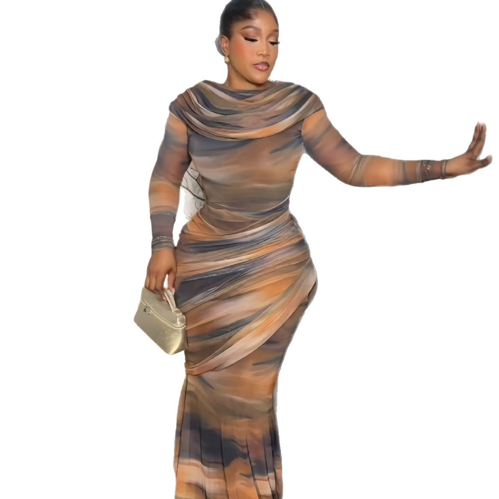 European and american cross-border chic women's clothing:  summer new arrival - long sleeve, drop shoulder, slim fit, cinched waist, pleated maxi dress