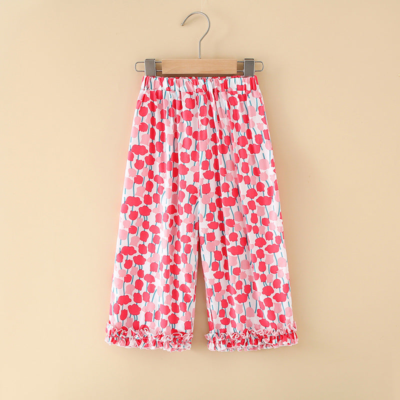 Girls' rayon summer lightweight pajama pants - cartoon print, loose fit, breathable, can be worn outdoors, cropped length