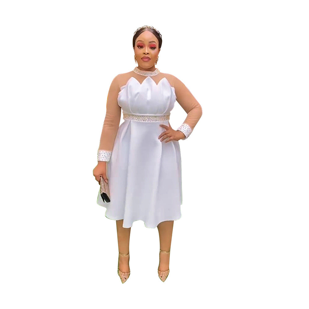 Plus size european and american women's space cotton high-waisted pleated evening gown dress african  beaded dress