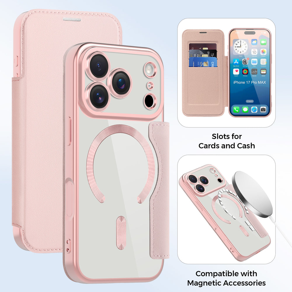 Premium gold shield magnetic leather case for iphone 17 pro max, apple 16 flip cover, full coverage, drop protection