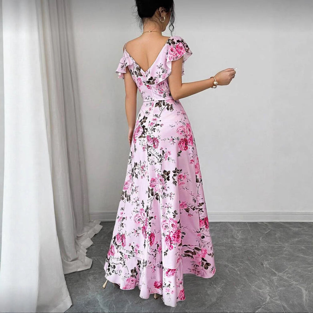 Women's new summer romantic retro beach vacation asymmetrical pink maxi dress with ruffle hem and off-shoulder neckline