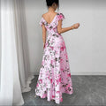 Women's new summer romantic retro beach vacation asymmetrical pink maxi dress with ruffle hem and off-shoulder neckline