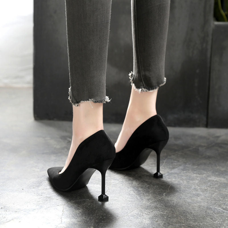 Student etiquette high heels women's stiletto heel popular2022spring & fallnew arrival pointed black fashioneasiest for match professional flats
