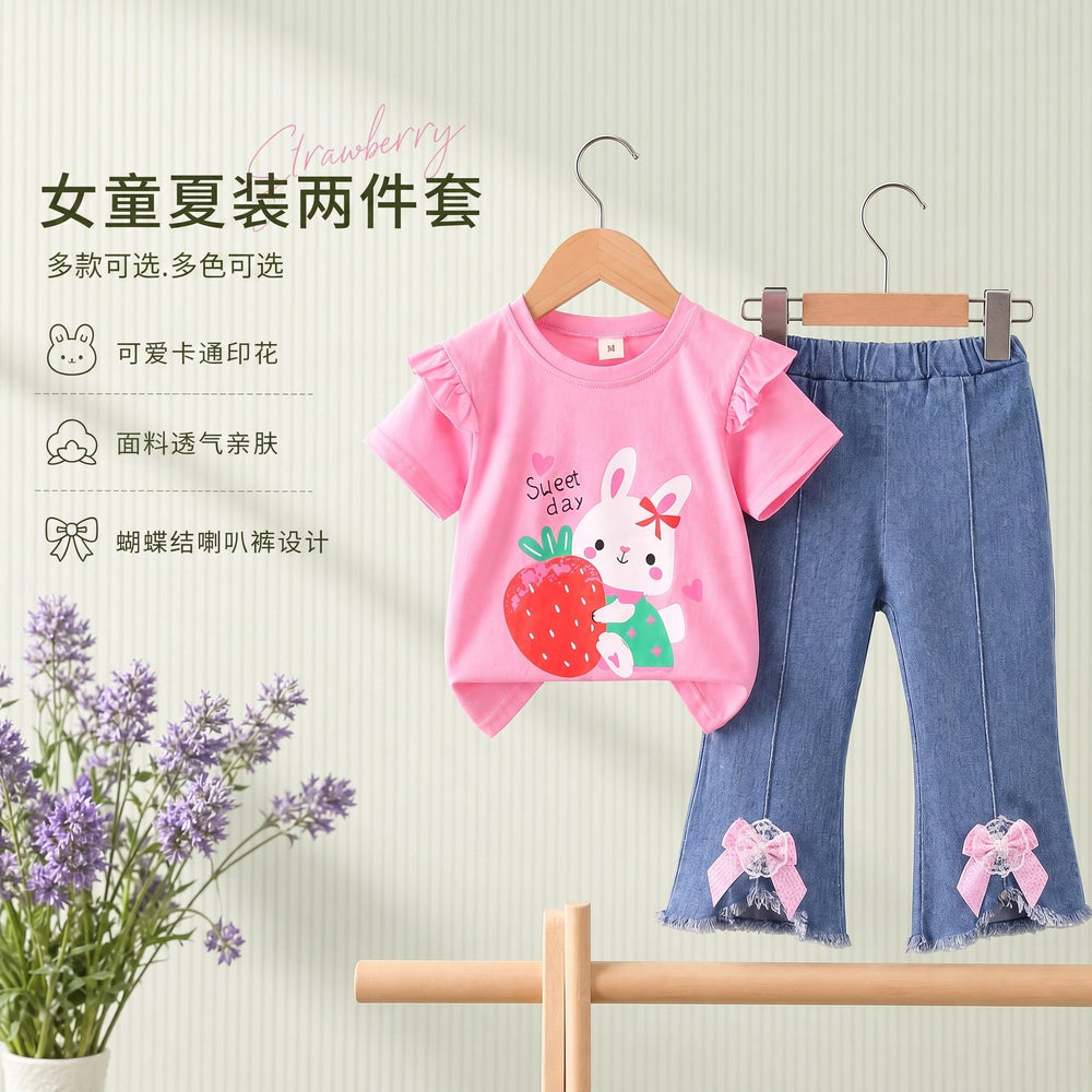 New girls' summer outfit: cartoon cute pattern short-sleeve top + bowknot denim shorts two-piece set - wholesale