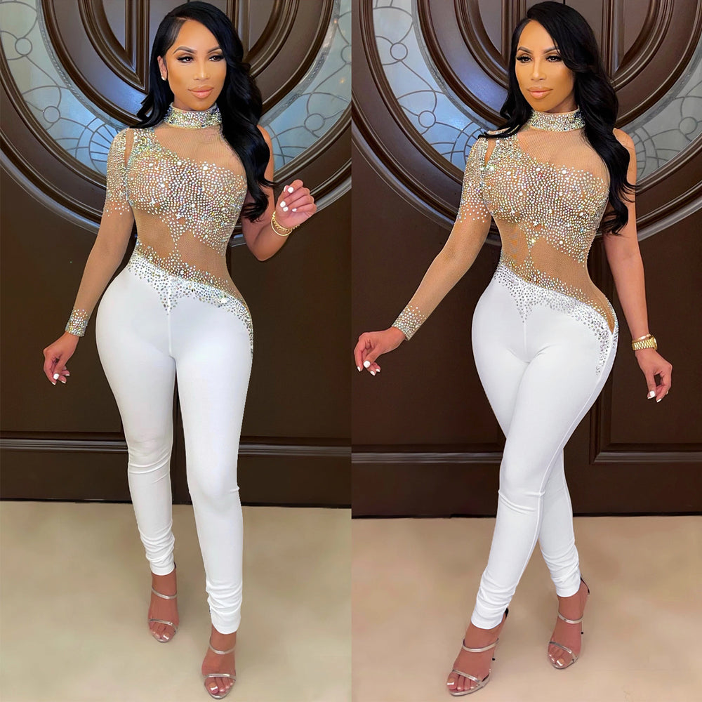 X5336 cross-border new product european and american fashion nightclub women's see-through mesh milk silk stitching hot diamond one-shoulder jumpsuit