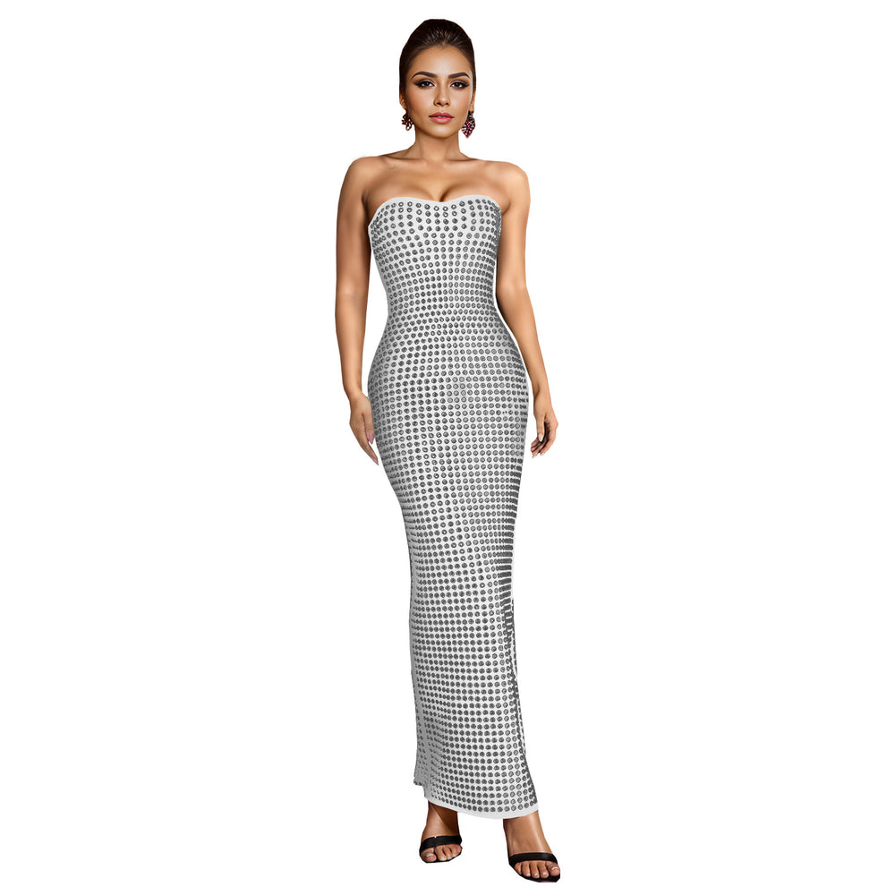 C7162 cross-border   fashion women's off-shoulder rhinestone bodycon slit bodycon dress