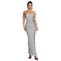 C7162 cross-border   fashion women's off-shoulder rhinestone bodycon slit bodycon dress