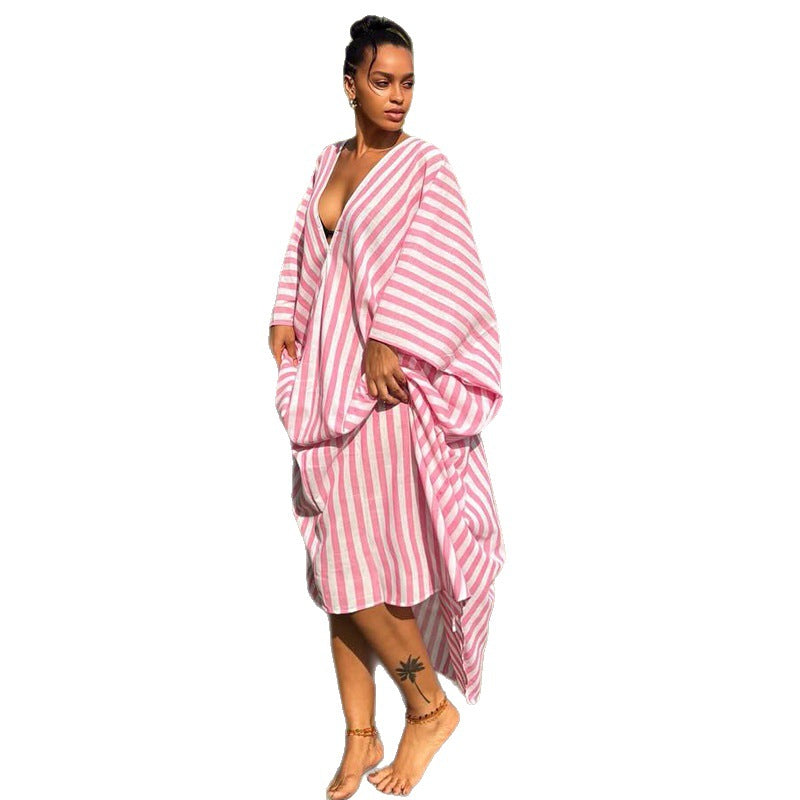European and american plus-size women's clothing:  autumn new arrivals - stylish and chic vacation-ready pink striped maxi dress