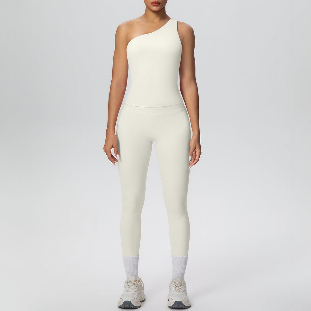 New arrival cross-border double-sided brushed nude tight one-shoulder vest sports suit running fitness yoga clothes two-piece set