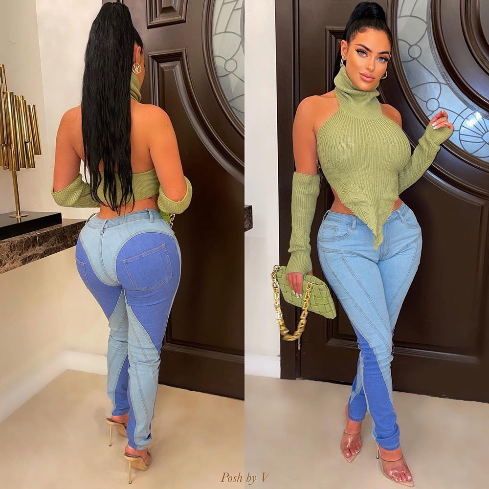 European and american cross-border women's fashion  autumn/winter new sexy hot girl high neck asymmetrical vest knitted sweater top