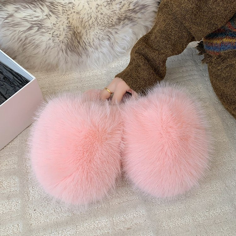 plus sizepure color fluffy large fur slippers soft bottom winter toe-cap home heattech multi-color cotton slippers