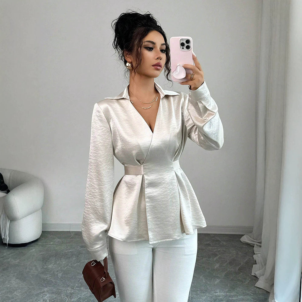 fashionwork clothingelegant shirt bright acetate satin lapel deep v strap waist slimming looklong sleevesshirt
