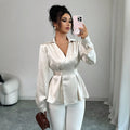 fashionwork clothingelegant shirt bright acetate satin lapel deep v strap waist slimming looklong sleevesshirt