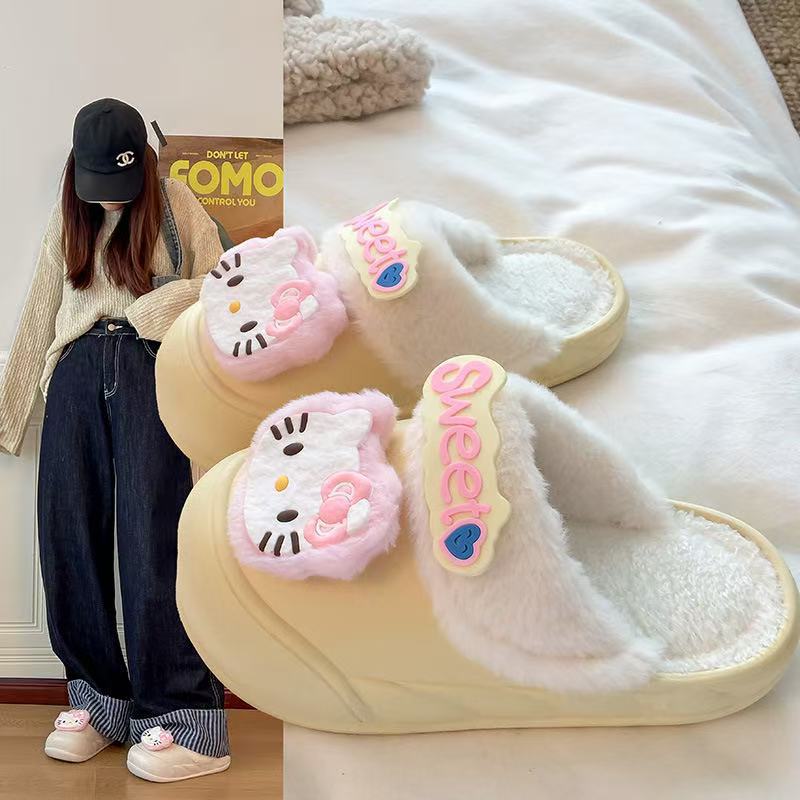 New arrivalwinterheattech detachable cotton slippers for women popular cartoon kt cat dopamine style durable princess cotton shoes