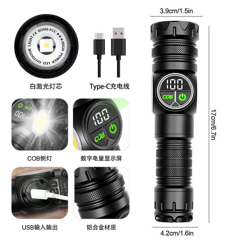 Cross-border white laser strong light flashlight Type-C charging screen display strong magnetic COB side light double switch LED flashlight