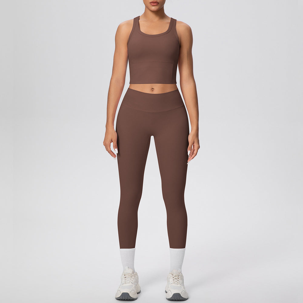 New arrival: cross-border double-sided brushed solid color breathable tank top long yoga set - two-piece activewear for running and fitness