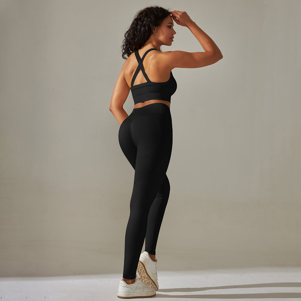 fashion seamless knittingpure color cross back tight yoga suit sports running fitness nine-point pants