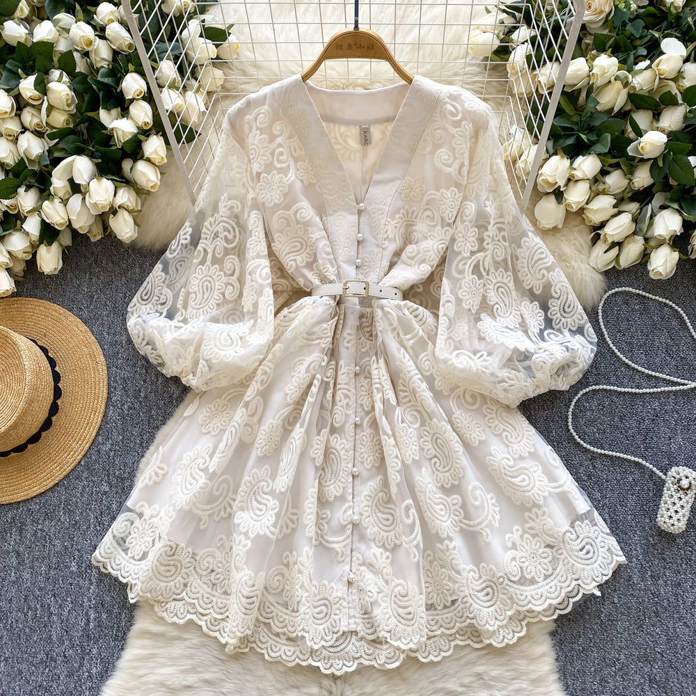 French sweet court style v-neck lantern sleeve heavily embroidered cinched waist slimming single-breasted a-line elegant dress for women