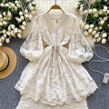 French sweet court style v-neck lantern sleeve heavily embroidered cinched waist slimming single-breasted a-line elegant dress for women