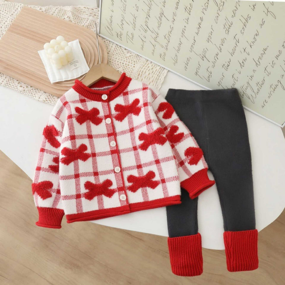 Girls' plaid knit cardigan with bow detail - new autumn/winter  collection - sweet, stylish, and versatile outerwear set