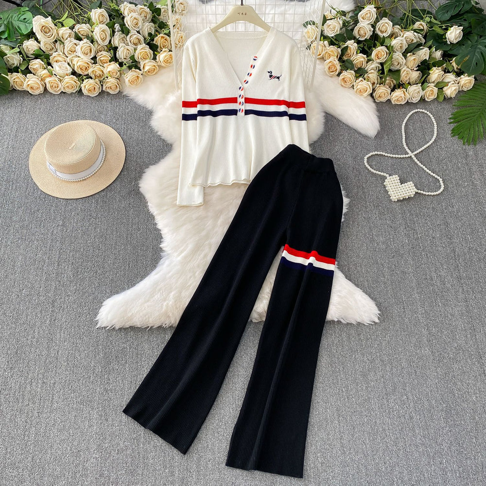 Fashionable grey suit set for women - summer design, single-breasted, slimming knit long sleeve top with striped embroidered wide-leg pants