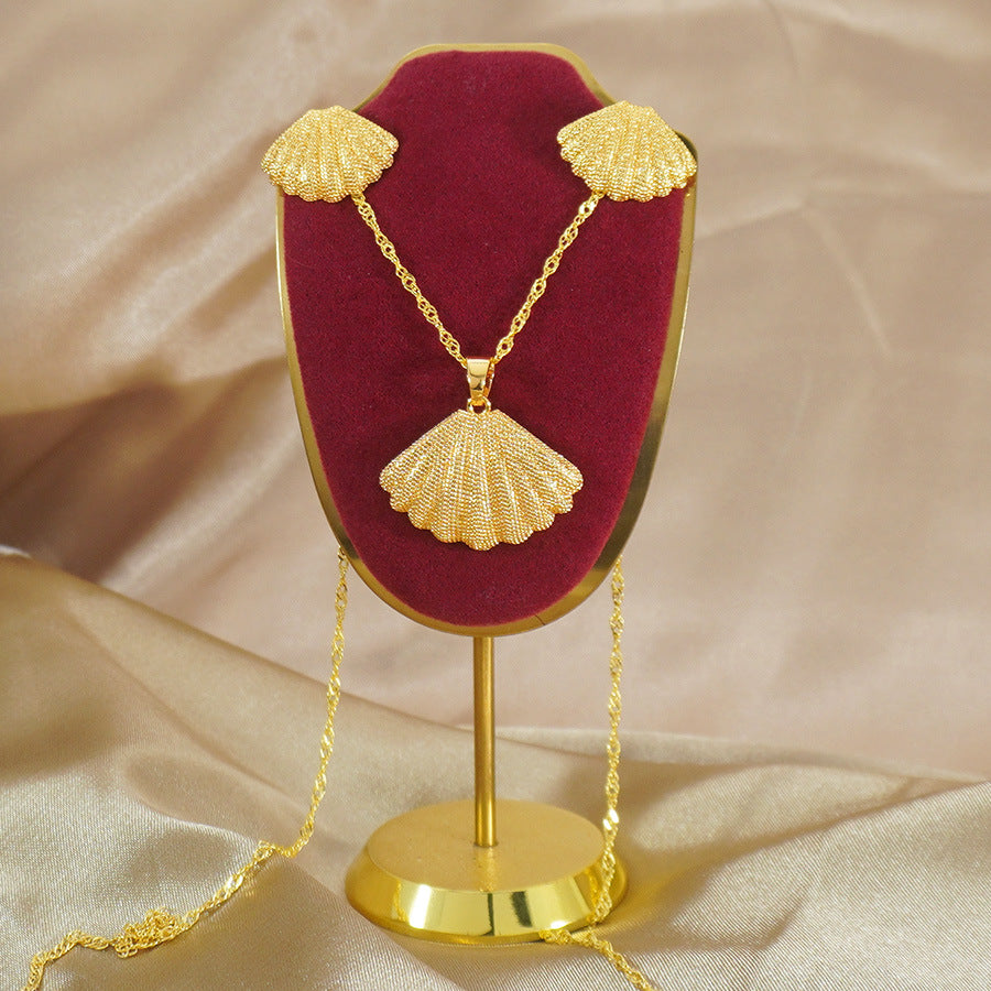 Indian african light luxury shell necklace and earring set - middle eastern banquet gold plated choker and earring two-piece set