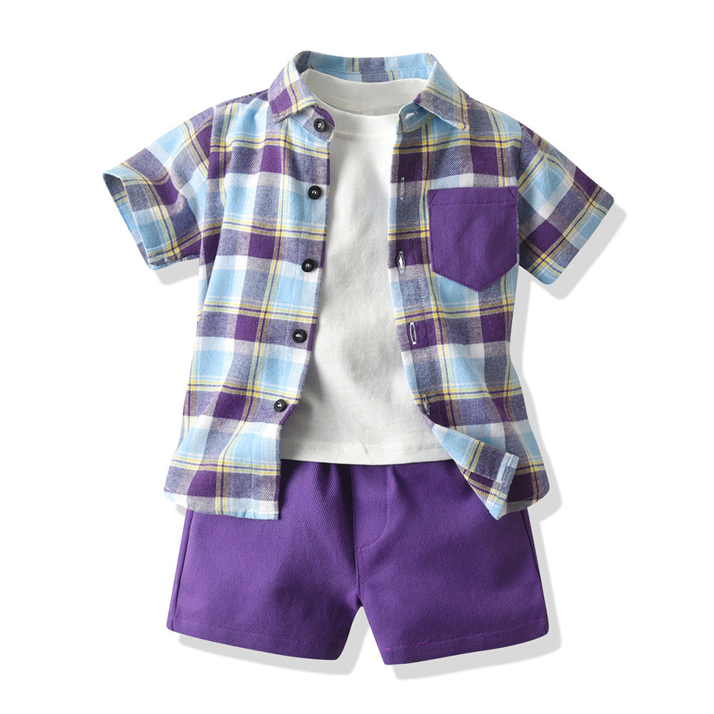 Korean style boys' summer outfit: new cotton short-sleeve shirt and shorts three-piece set - kids' casual wear
