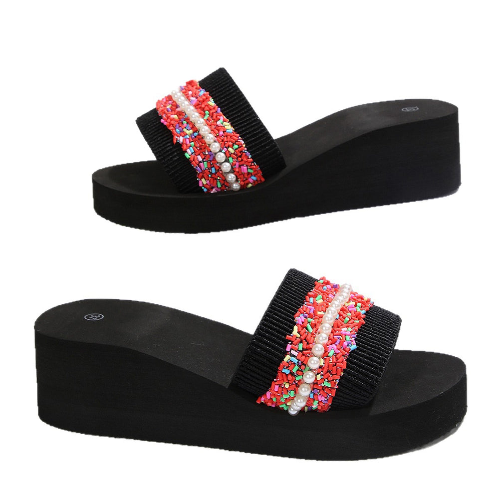 Outdoor heightening one-word women's back high heel non-slip summerfashionk-style trendycasual black open drag thick sole
