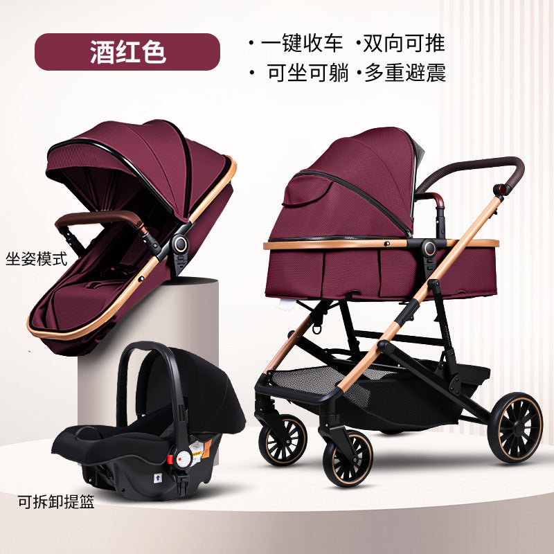 Baby stroller with carrycot, multifunctional, reclining, lightweight, foldable, two-way, high-view, newborn infant carriage