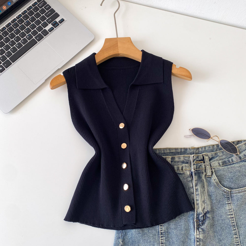 Light mature style sense of design lapel sleeveless knitting vest women's summerkorean style single breasted silm thin tops multi-color