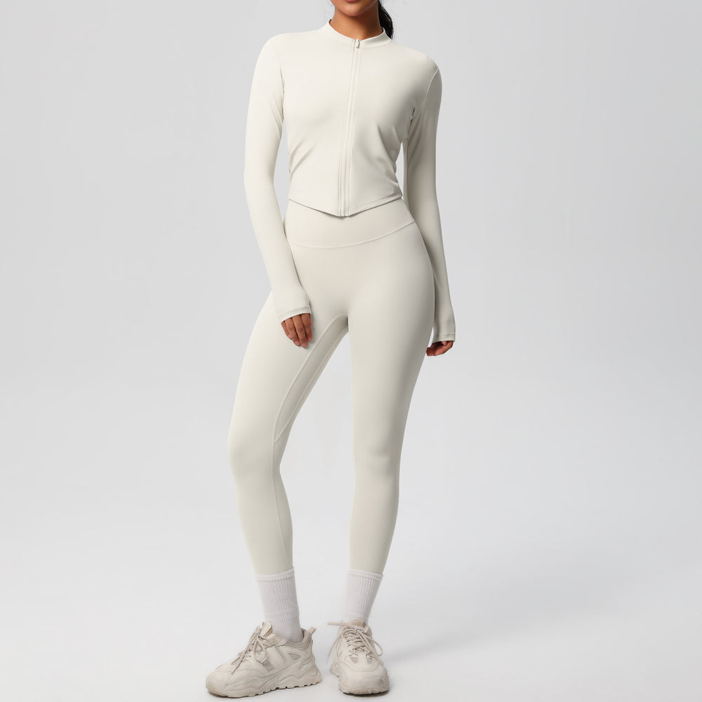 Ready-to-ship cross-border solid color double-sided brushed naked feel outerwear long sleeve set - compression running, fitness, and yoga two-piece outfit