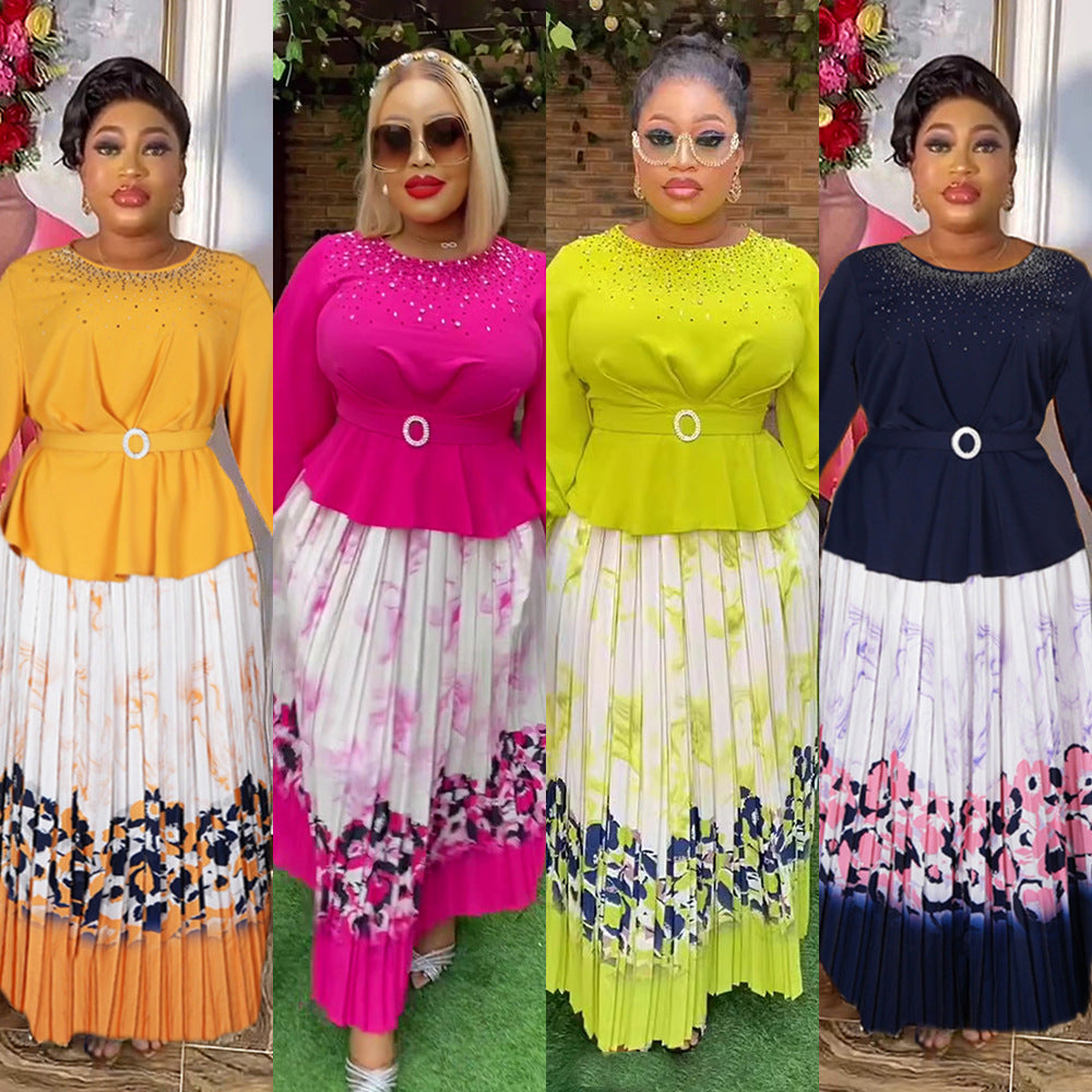 Aliexpress elegant commute top & skirt set - pleated skirt, african women's plus size printed dress