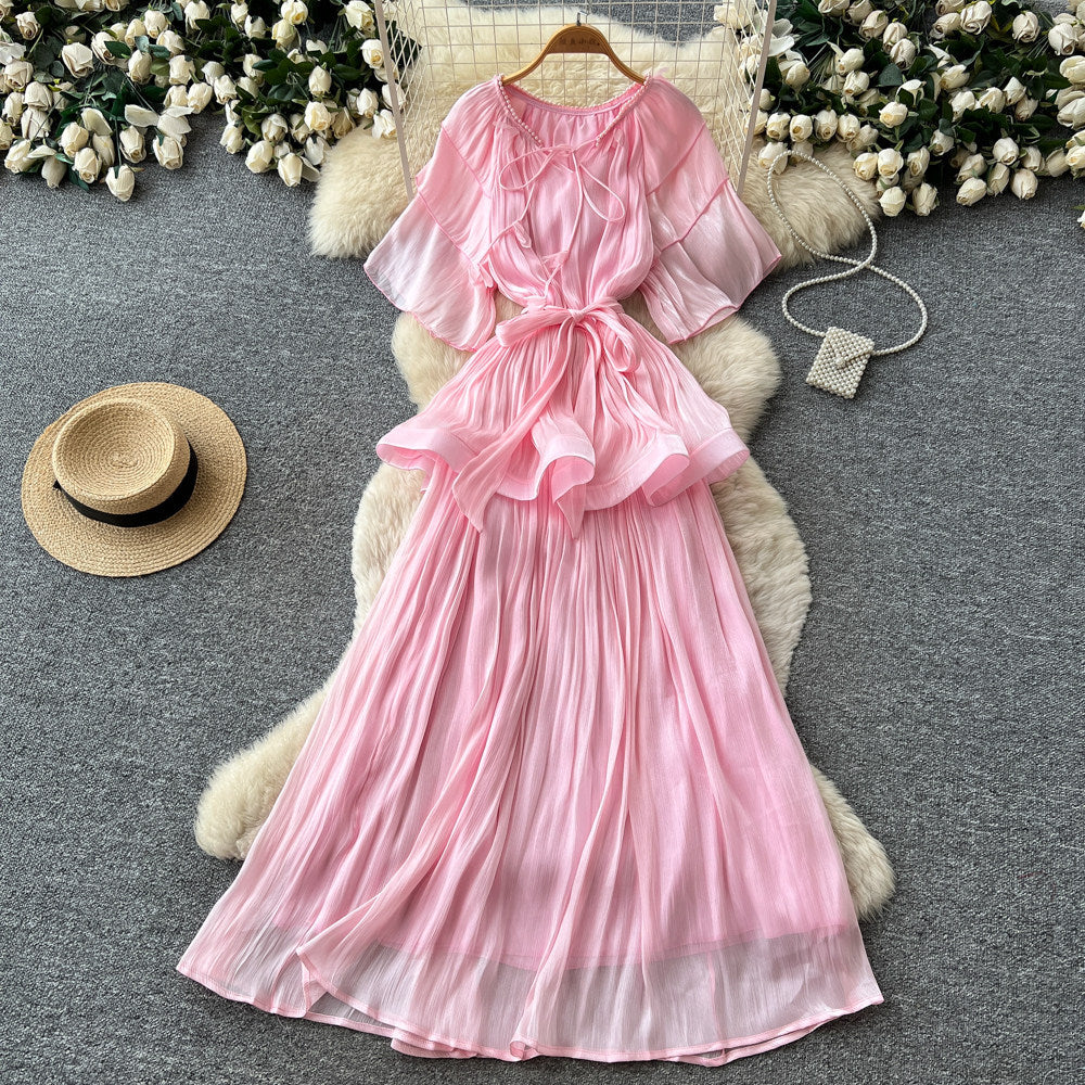 Thousand gold wind pressure pleated elegancenobledress women's summer strap waist slimming look a-line large swing skirt orange classy