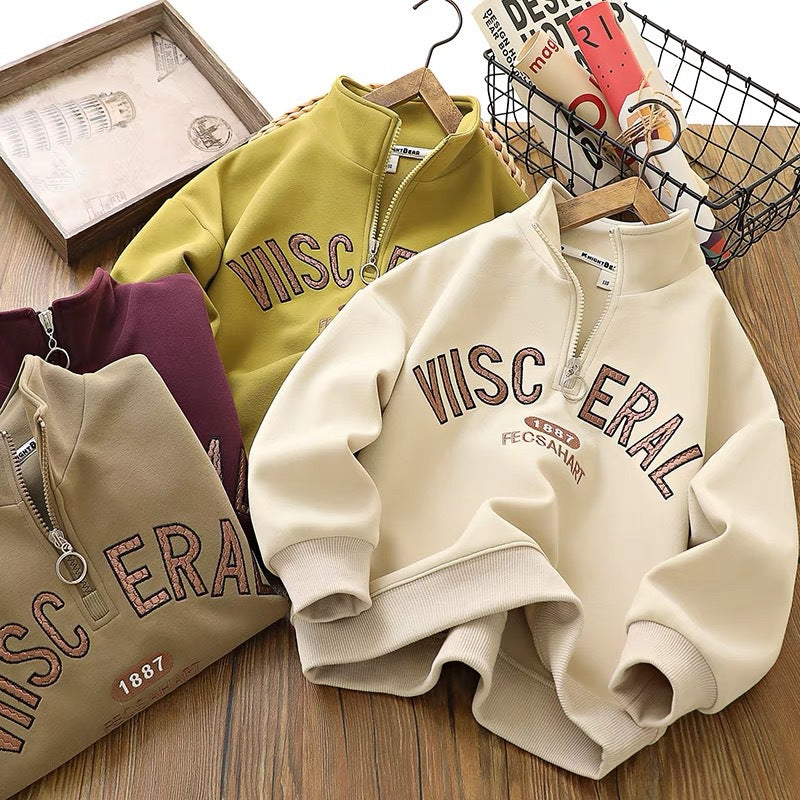 boys' fleece-lined sweatshirt,  autumn/winter new style, kids' warm base layer top, trendy street style, cool and handsome outerwear