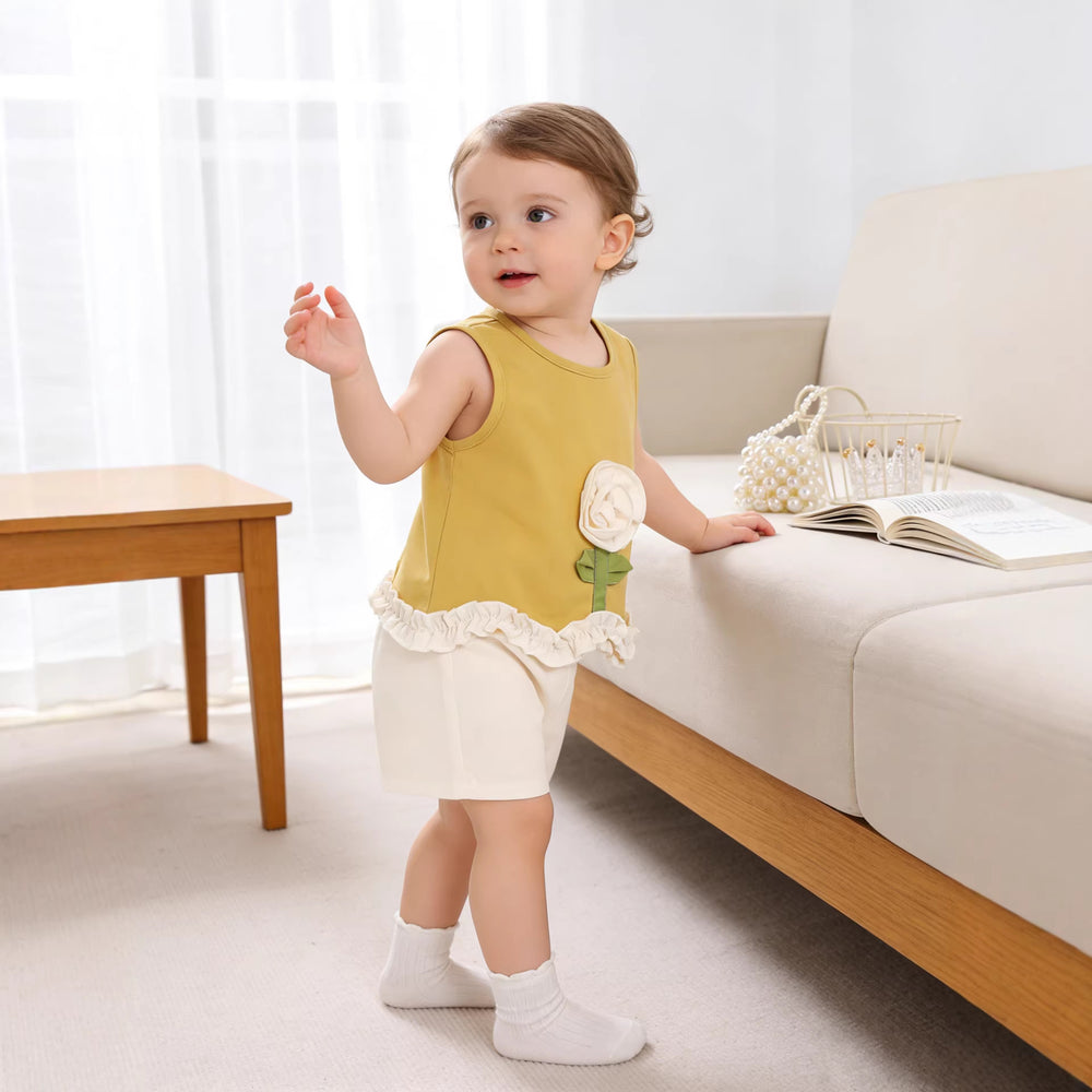 Girls'  summer new arrival: yellow 3d floral sleeveless high-end lace skirt and shorts two-piece set