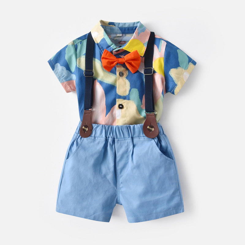 Brother and sister wear export spring and summer new arrival children's clothing boys short-sleeved shorts suspender suit girls floral skirt wholesale
