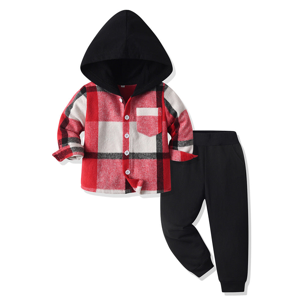 boys' autumn suit, new handsome fashionablekids autumn suit, plaid shirt two-piece set, baby boy autum children's clothing