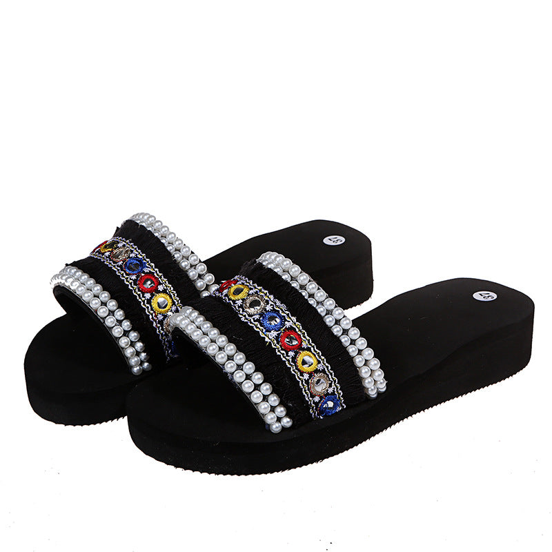 Ethnic style fashion slippers for women 2025 summernew arrivalplus sizesequin pearl toe sandals and flip-flops for beach