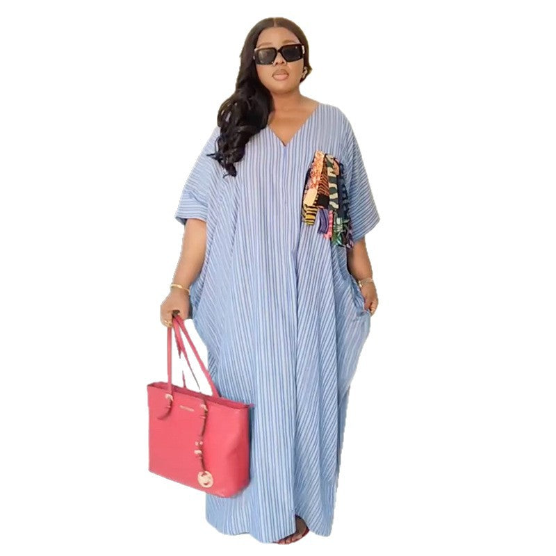 European and american women's clothing  autumn new sweet and fresh loose plus size striped v-neck short sleeve dress maxi dress