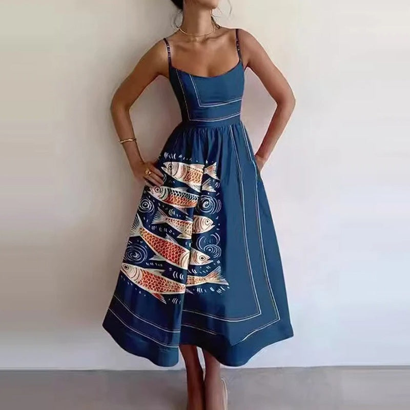 cross-border e-commerce european and american women's clothing: new summer collection - elegant vacation style, unique print, slim-fit cami dress