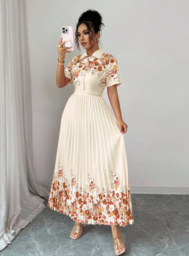 european and american new retro orange blossom patchwork shirt dress with turn-down collar, short sleeves, cinched waist, and long pleated skirt