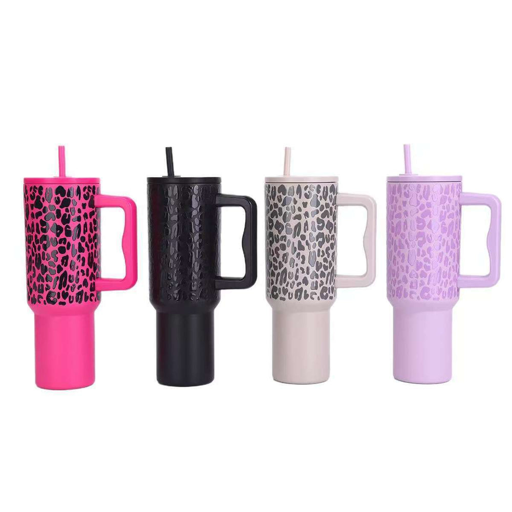 leopard print 40oz stainless steel thermos cup large capacity with handle vacuum straw cup outdoor car cup