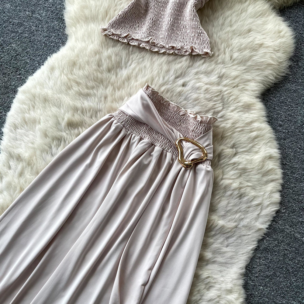 Vacation style halterbacklessbowstwo-piece set women's summer romantichigh waistslimming lookelegantfashionsuit
