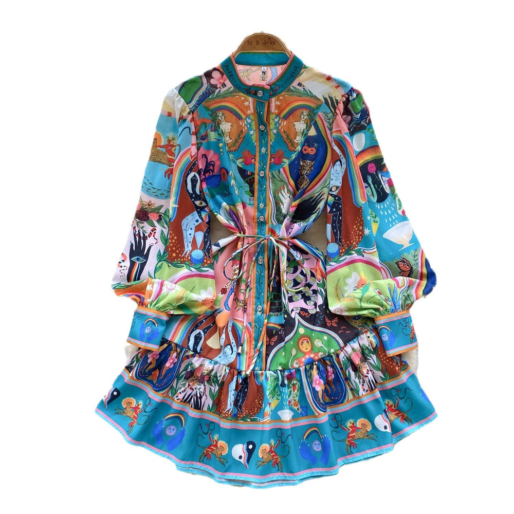Super fairy seaside vacation v neck floral dress women's summernew arrivaltie back waist large hem pleated fairy skirt