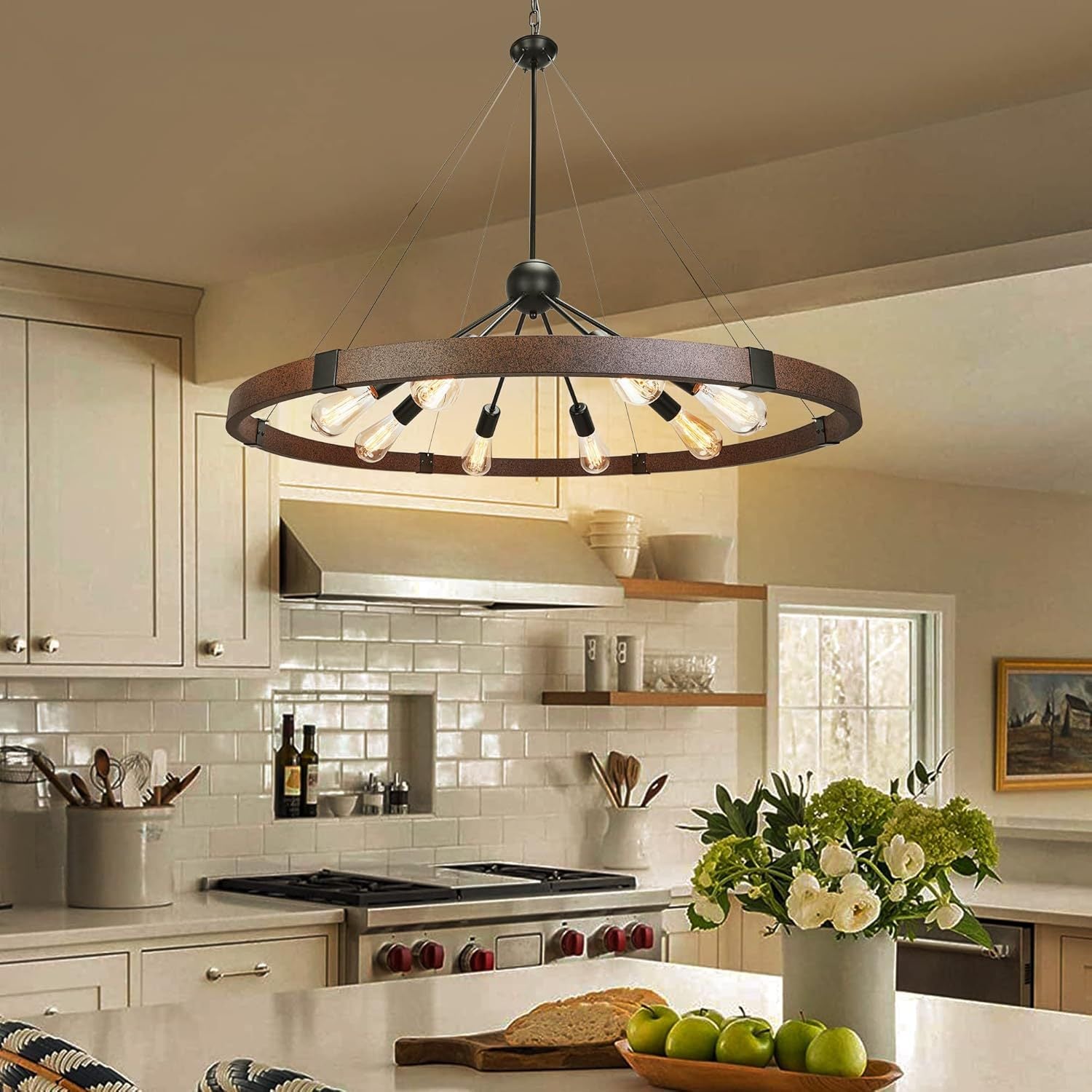 Cross-border retro industrial wind chandelier American wrought iron solid wood grain chandelier suitable for cafes, restaurants and bars