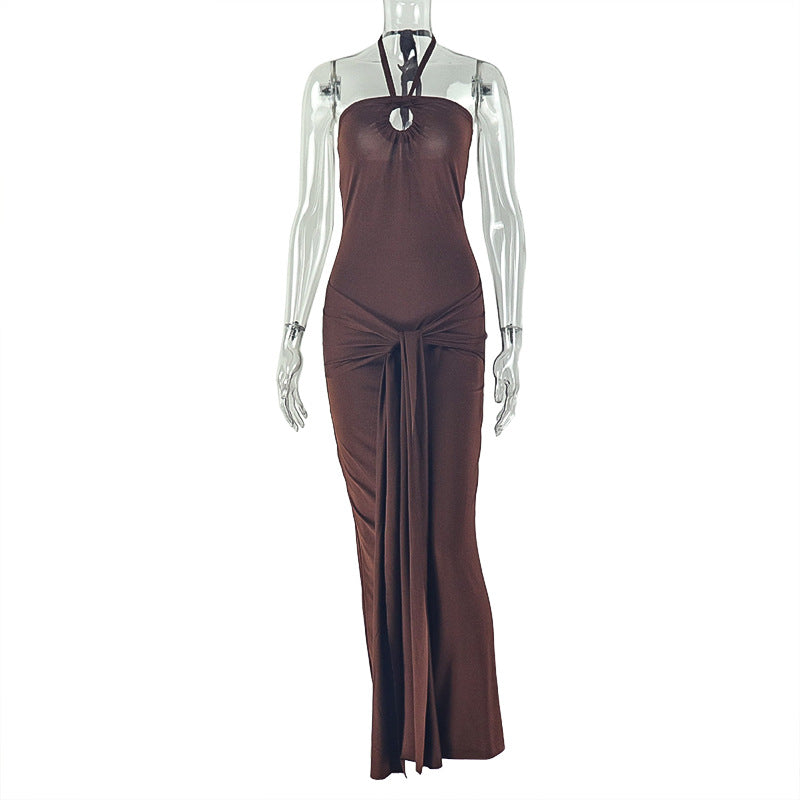 Fashion style cross-border women's clothing strap pleated silm chest-wrapped hip skirt hanging collar sleeveless backless pure color long dress