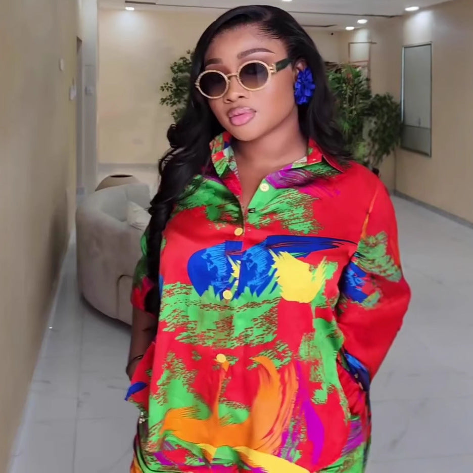 European and American new casual women's clothing set lapel mid-sleeved cardigan shirt trousers African large-size printed two-piece set women