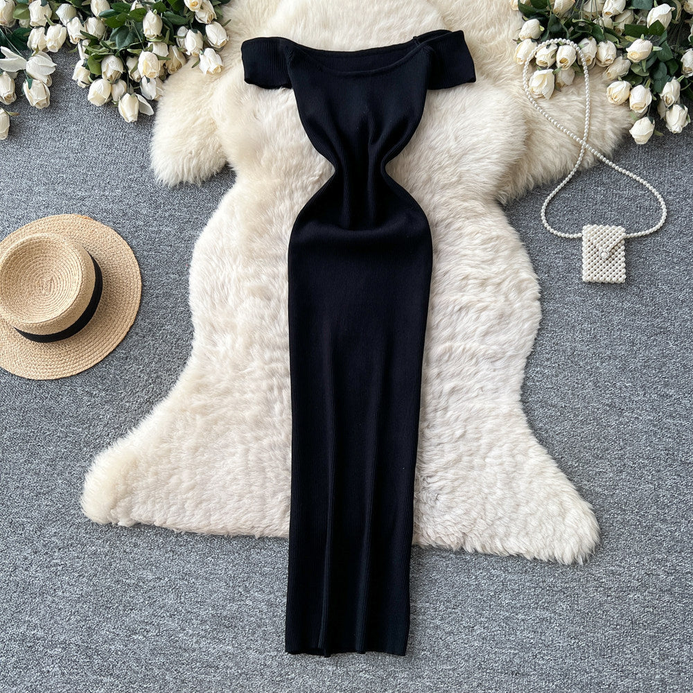 K-style one-shoulder knitting silm-type dress female summer sleeveless high waist silm a-line long skirt light and elegant