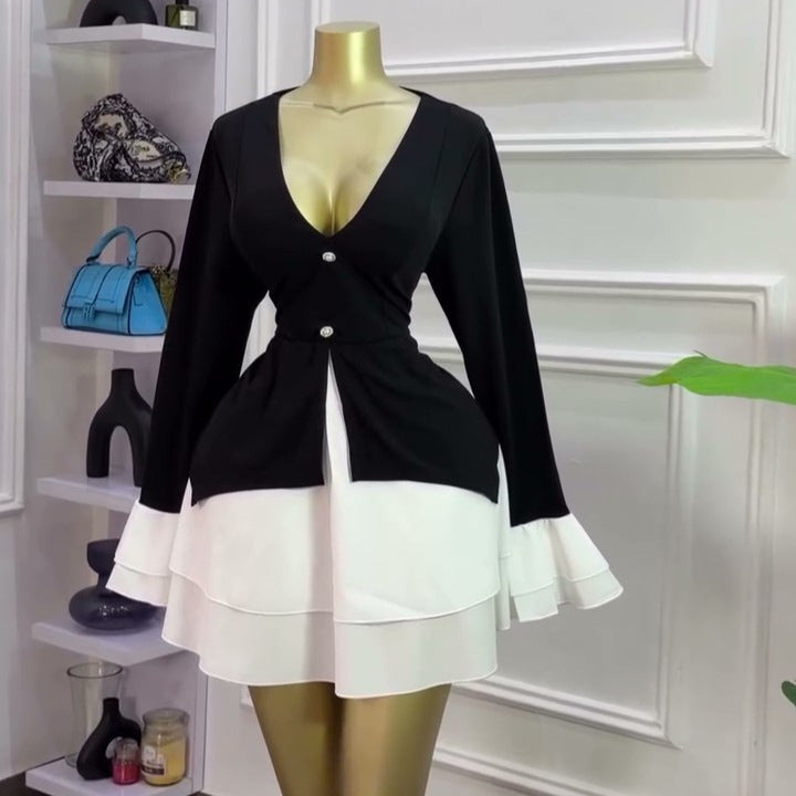 European and american cross-border women's fashion:  spring new arrival - elegant and stylish v-neck color block flared sleeve asymmetrical dress
