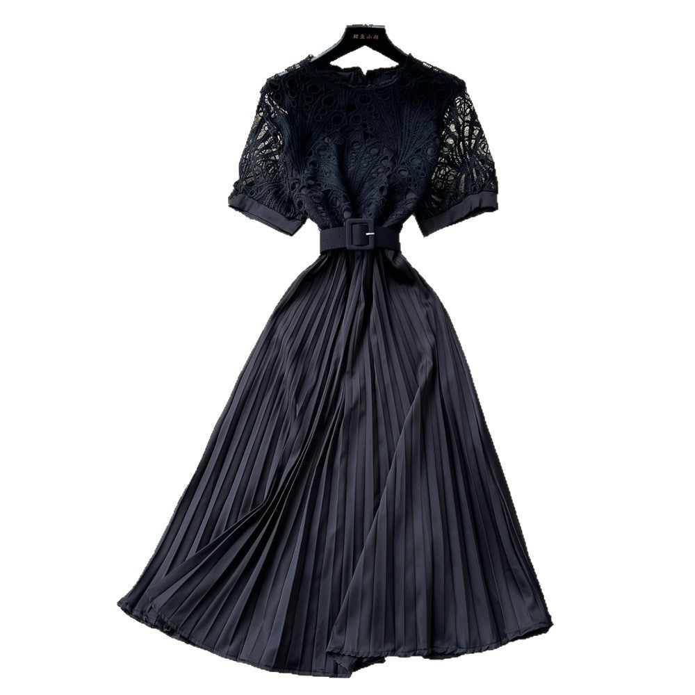 Frenchretrocut out short-sleeved dress women's summerk-style waist slimming lookclassy sense pleated long skirt work clothing
